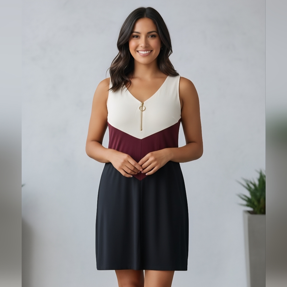 Roz & Ali Tri-Tone Midi Dress - White, Burgundy, Black